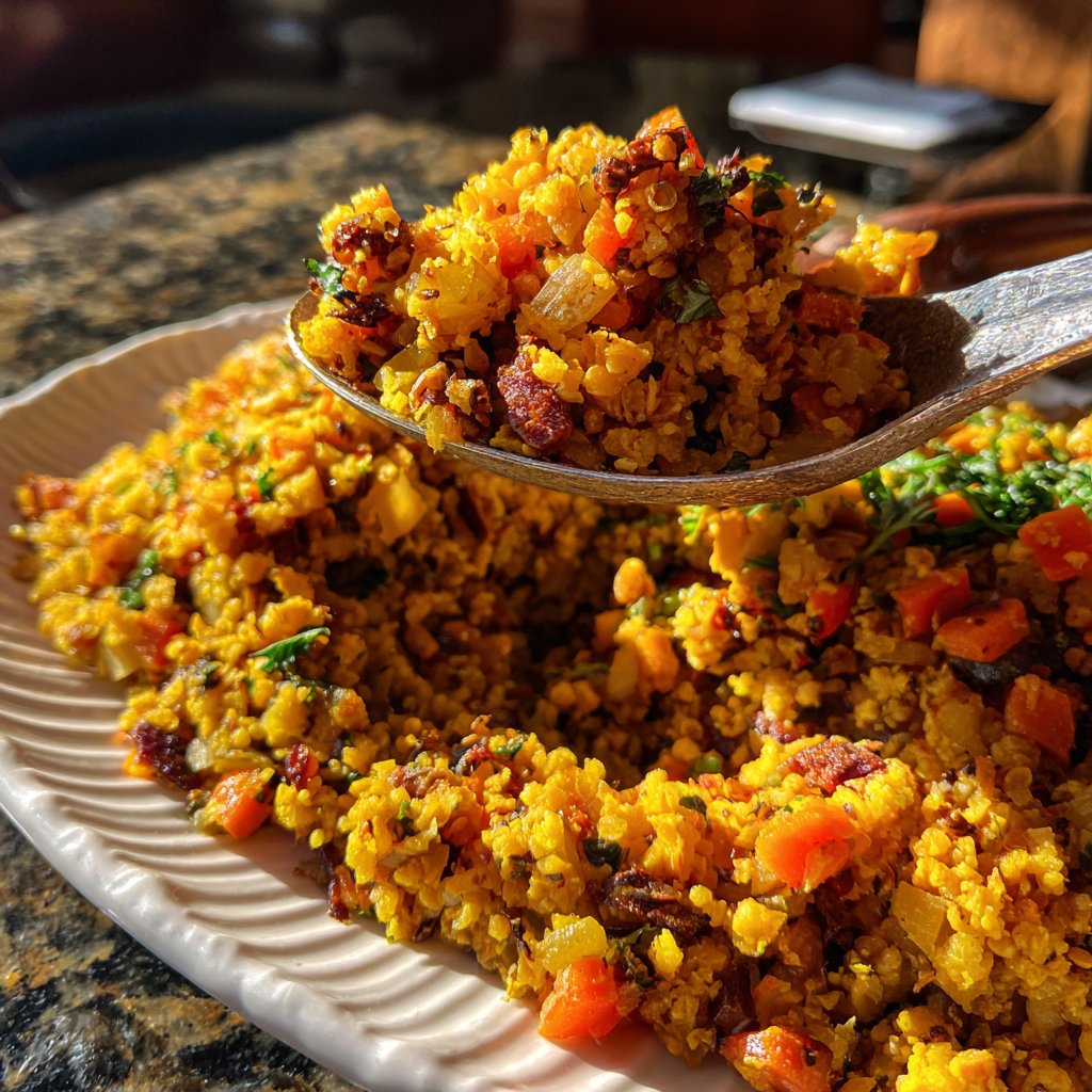 Mittagessen mit Bulgur und Ofengemüse