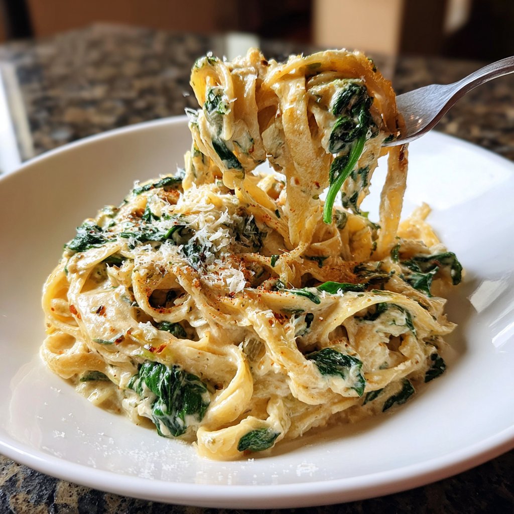 Mittagessen mit Nudeln und Spinat